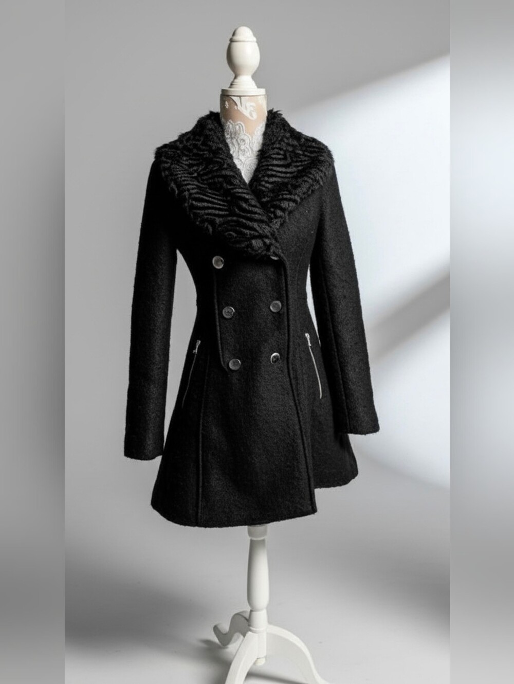 Guess Black Double Breasted Wool Blend Pea Coat With Faux Fur Collar Size S